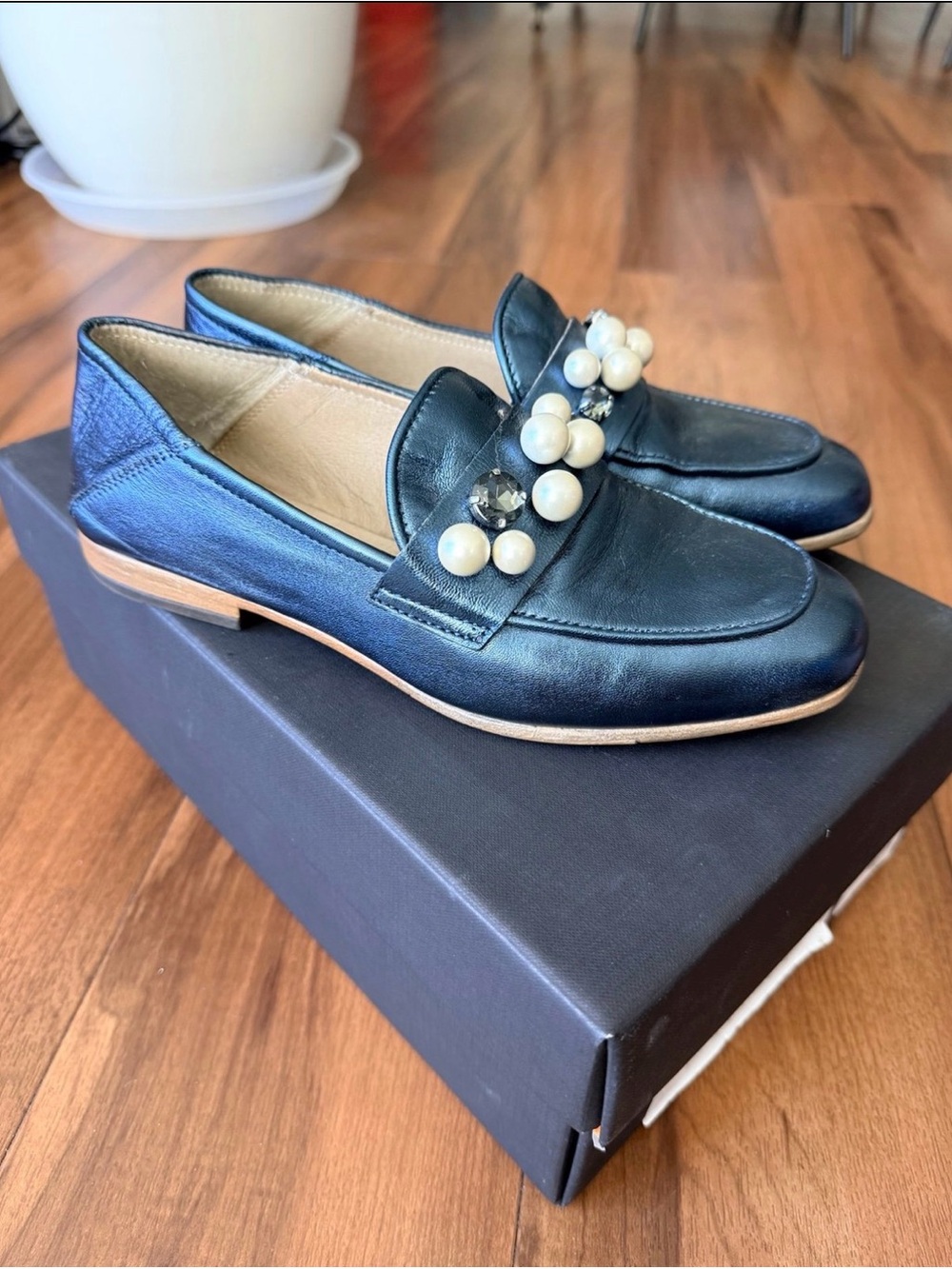Black Pearl-Embellished Leather Loafers for Women